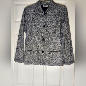 Chico’s Design 1/M Silver 100%SILK  Embrdrmd LngslvPockets ButtonUp Women Blazer